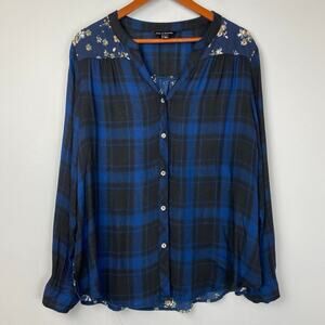 Zac & Rachel Blue Plaid & Floral Mixed Media Long Sleeve Button Down Blouse XL